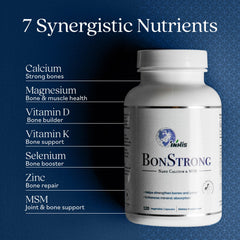 BonStrong Nano Calcium allergen-free icons indicating gluten-free, dairy-free, and soy-free.