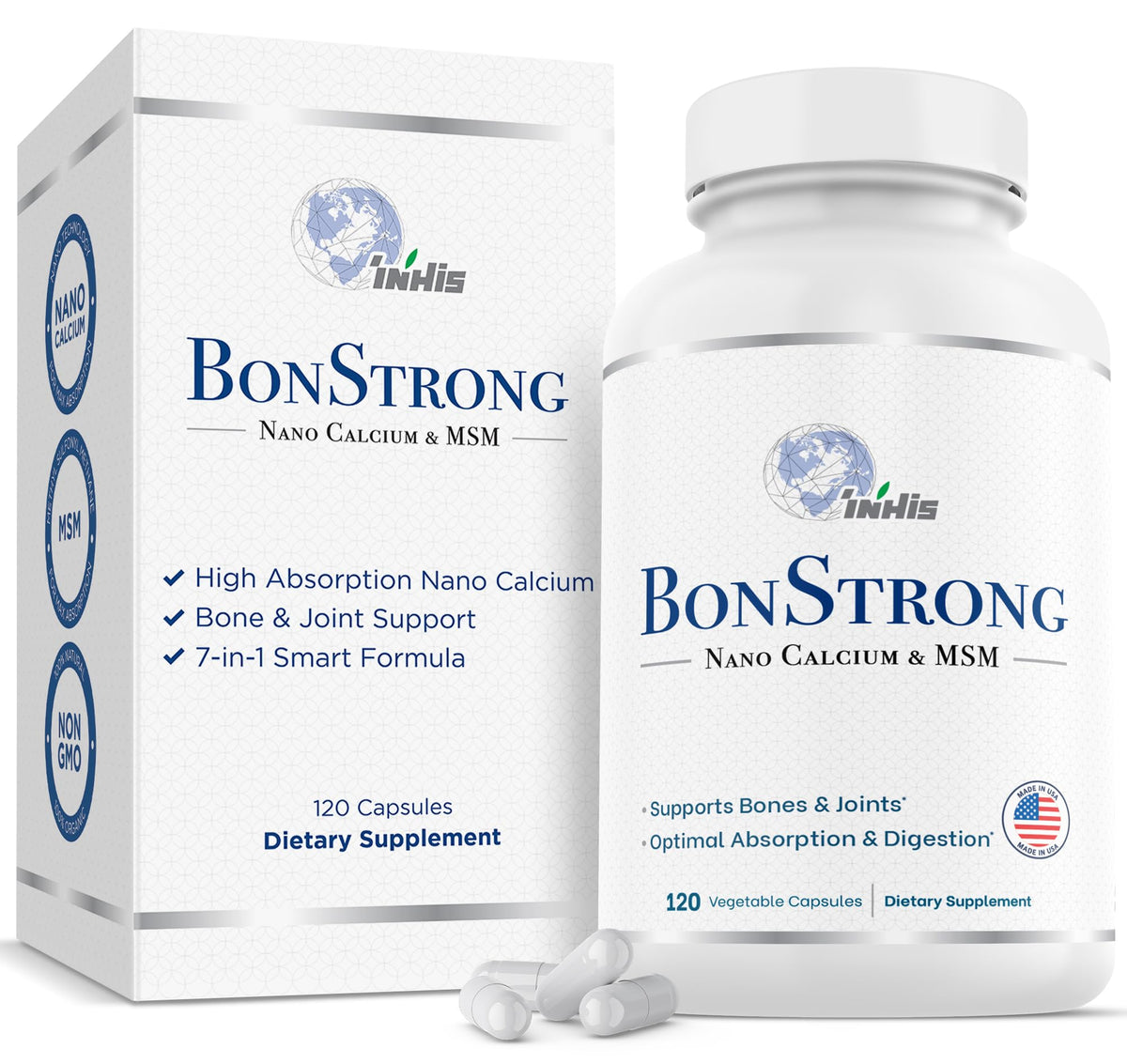 BonStrong Nano Calcium MSM bottle highlighting the 7-in-1 bone support formula for daily use.