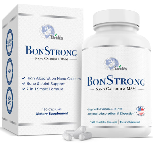 BonStrong Nano Calcium MSM bottle highlighting the 7-in-1 bone support formula for daily use.