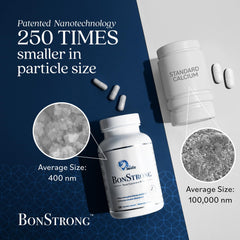 BonStrong Nano Calcium bottle label detail with D3 and K1 for daily wellness.