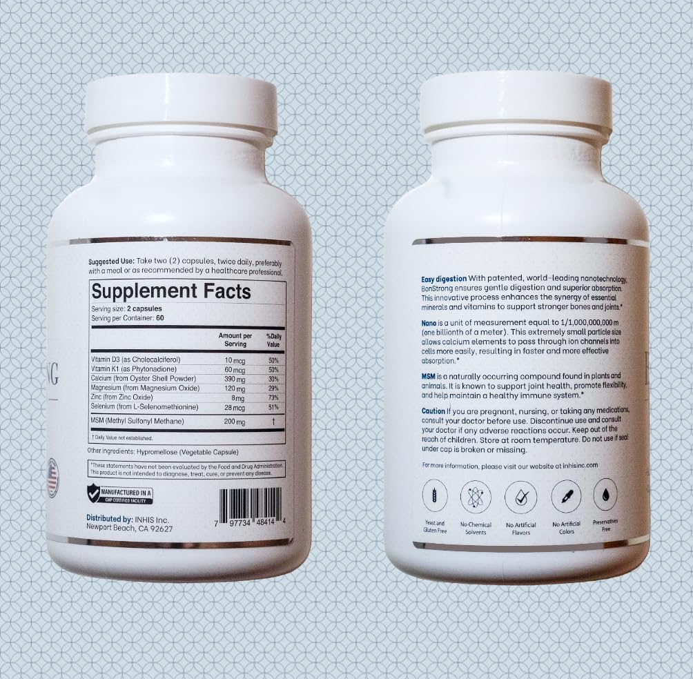 BonStrong Nano Calcium packaging shows USA-made badge and quality standards.