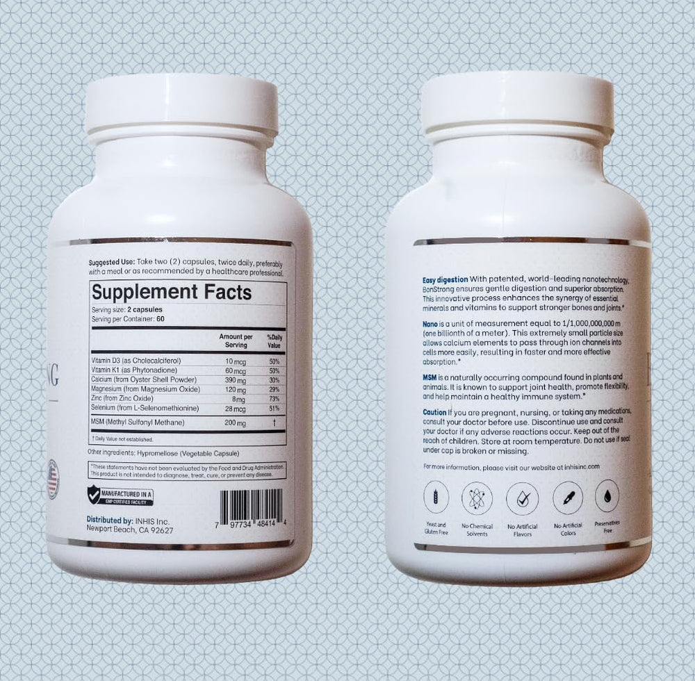 BonStrong Nano Calcium packaging shows USA-made badge and quality standards.
