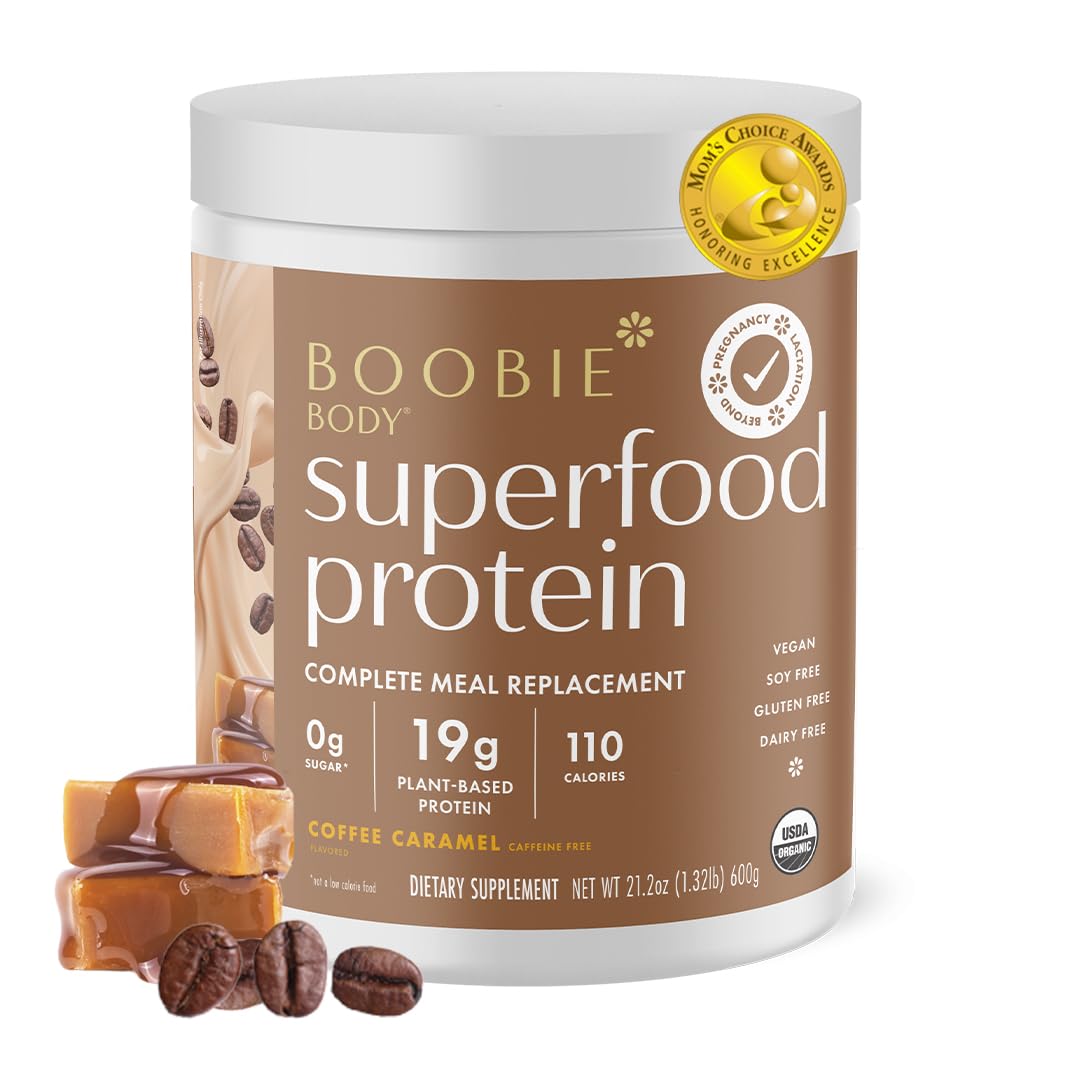 Boobie Body Coffee Caramel tub front view, convenient protein for busy moms.