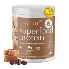 Boobie Body Coffee Caramel tub front view, convenient protein for busy moms.
