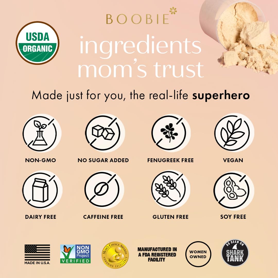 Boobie Body Vanilla Chai nutrition panel visible, gluten free and dairy free