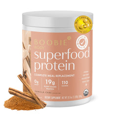 Boobie Body Vanilla Chai shake in a glass, convenient protein for busy moms