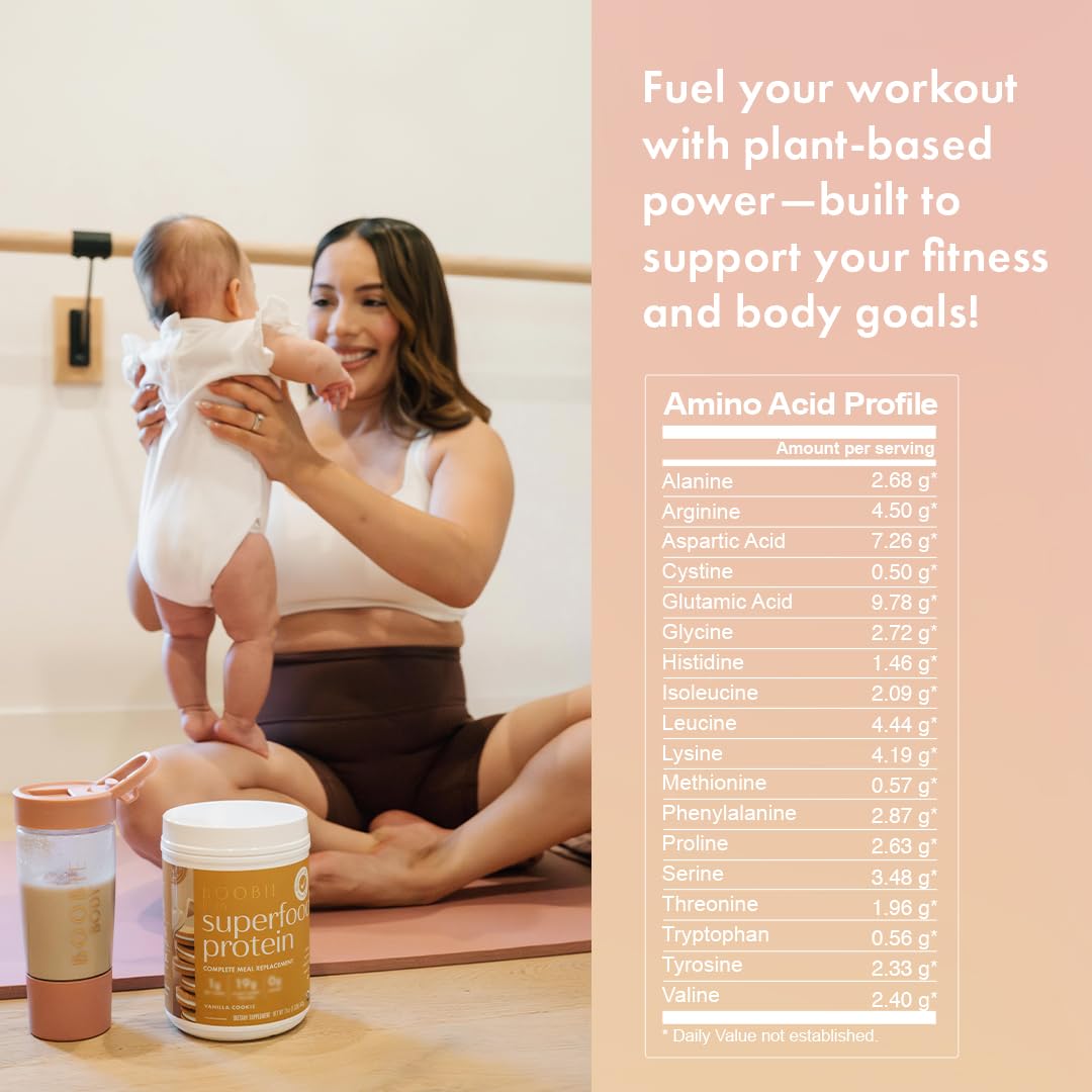 Boobie Body Vanilla Cookie protein canister showing 19g protein and clean ingredients.