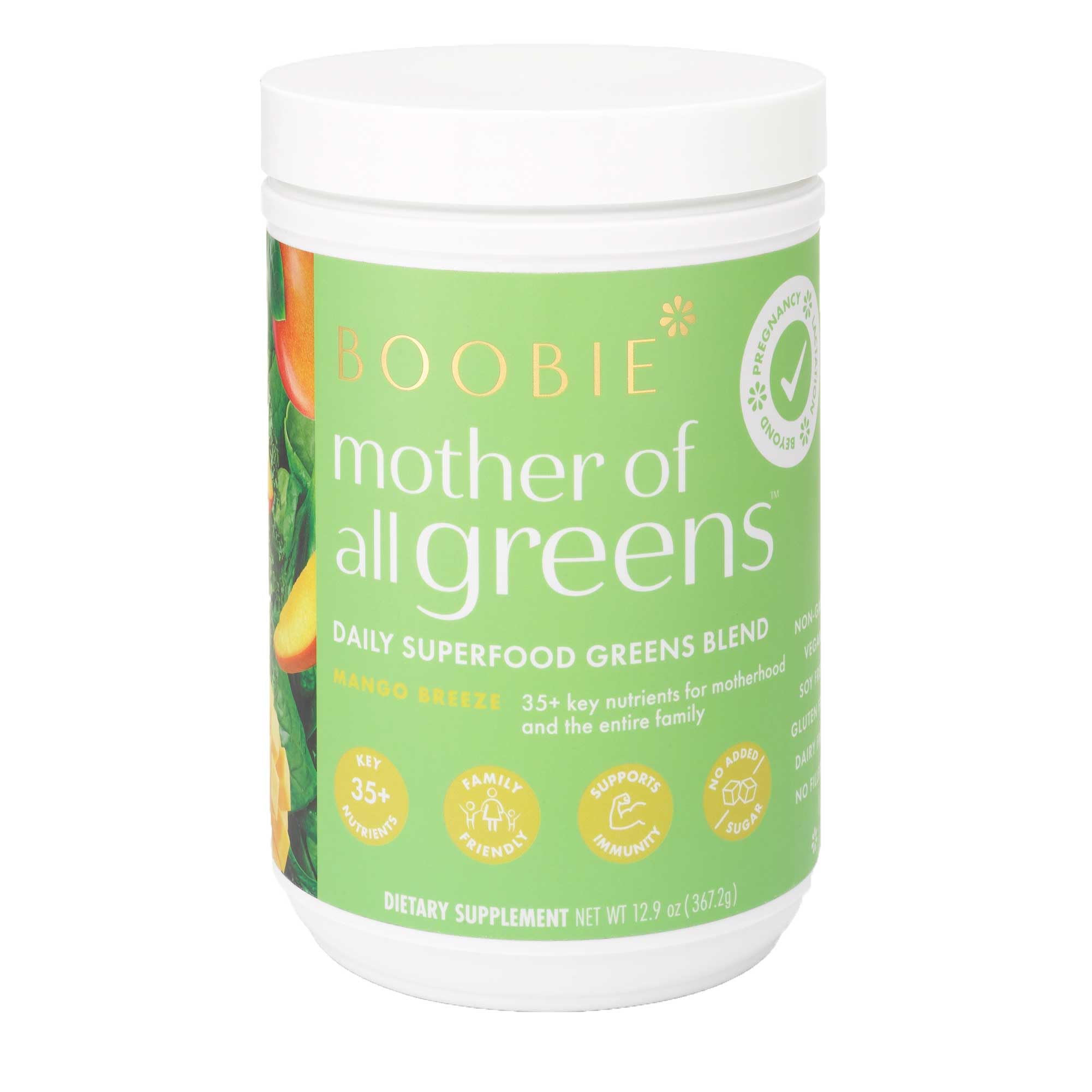 Boobie Mother of All Greens tub front showing daily family nutrition powder