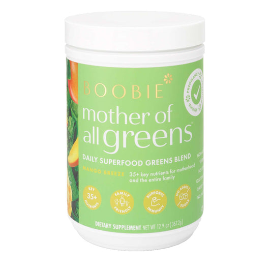 Boobie Mother of All Greens tub front showing daily family nutrition powder
