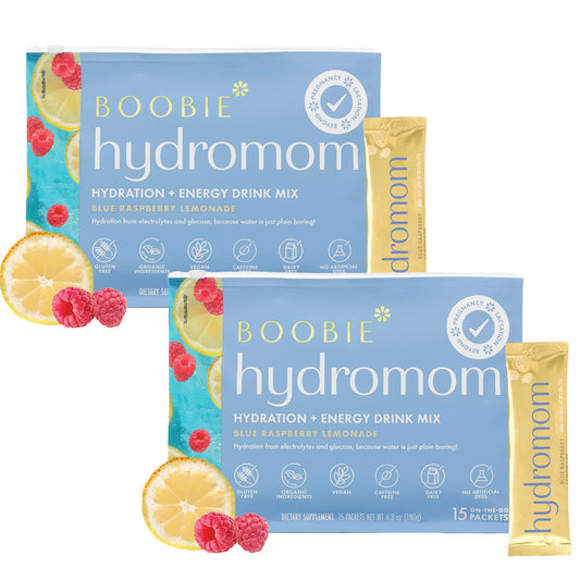 Boobie Hydromom blue raspberry lemonade tub shown for quick on-the-go hydration and replenishment.