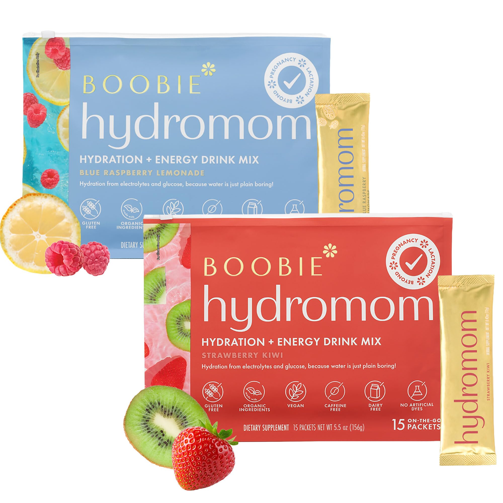 Boobie Hydromom packaging with strawberry kiwi flavor for easy hydration on the go