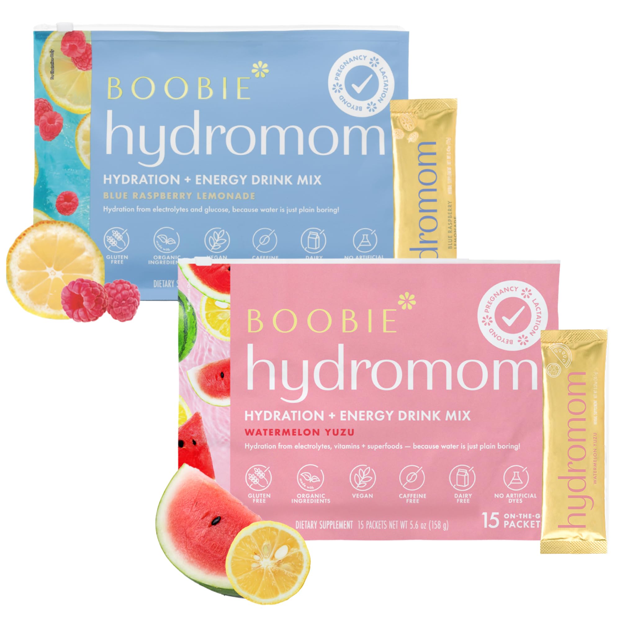 Boobie Hydromom Watermelon Yuzu packets for convenient, electrolytes-packed hydration on the go