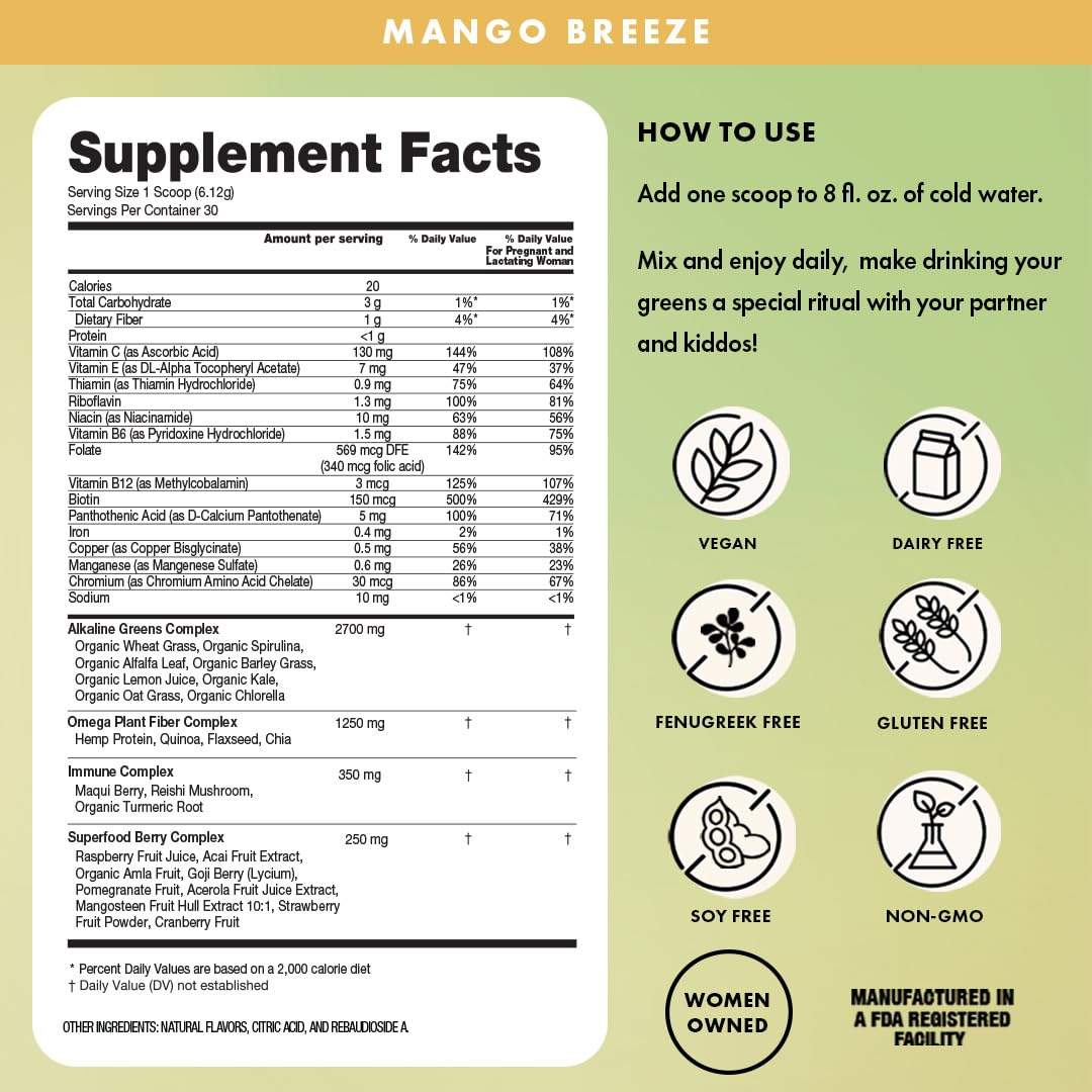 Boobie Mango Breeze nutrition facts panel illustrating 0 added sugars and 35+ nutrients.