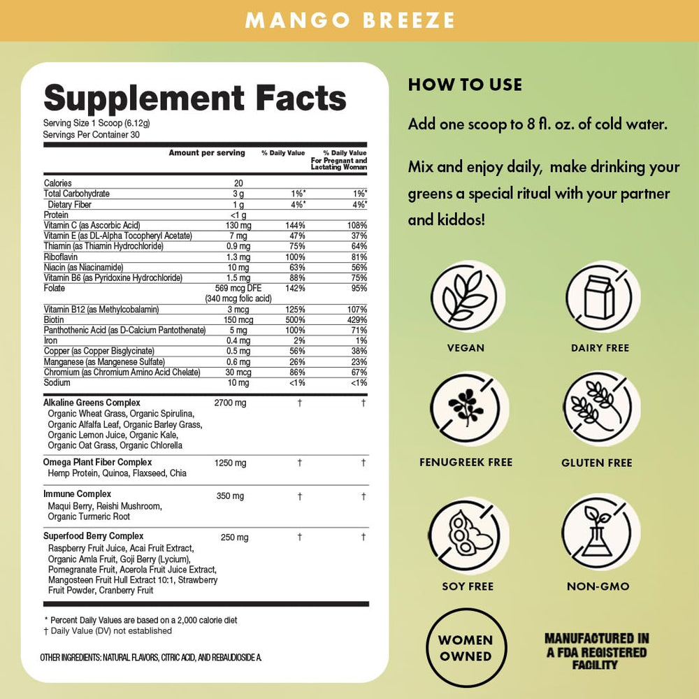 Boobie Mango Breeze nutrition facts panel illustrating 0 added sugars and 35+ nutrients.