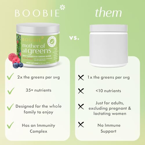 Boobie Mango Breeze tub label highlights 35+ nutrients for mom and family health.