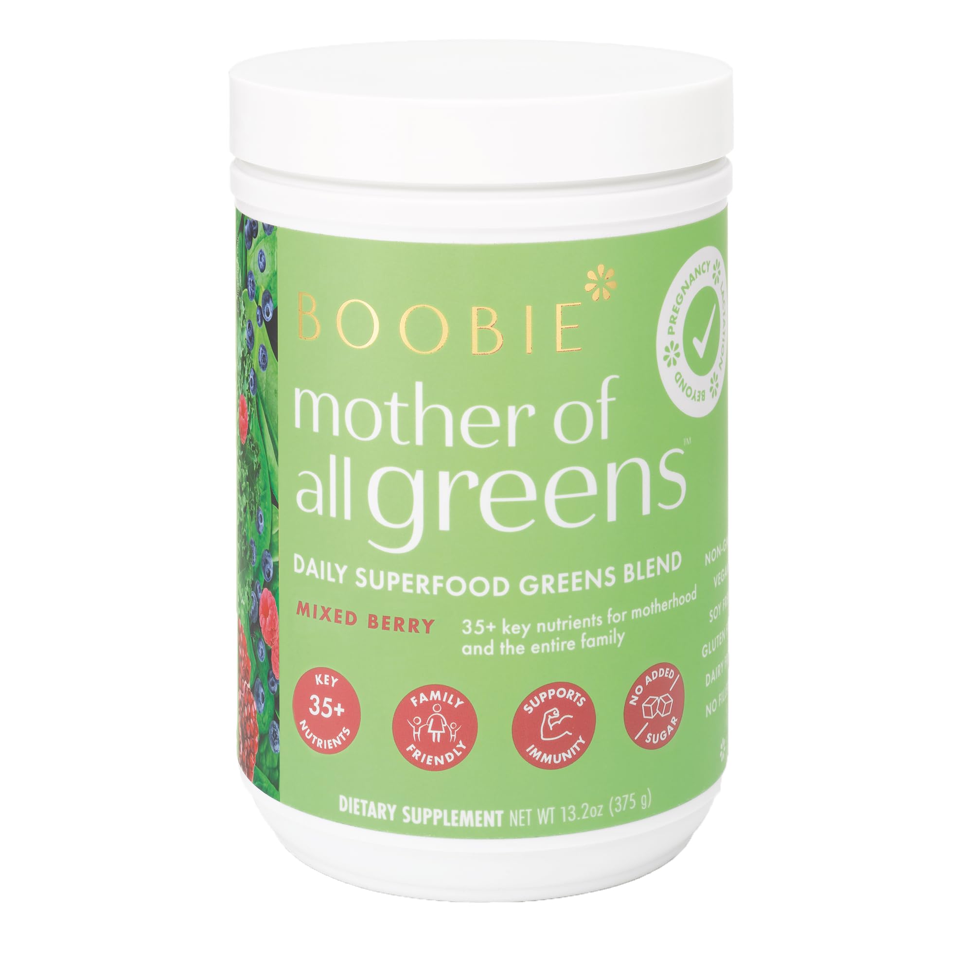 Boobie Mother of All Greens bottle pour showing easy daily greens for busy families