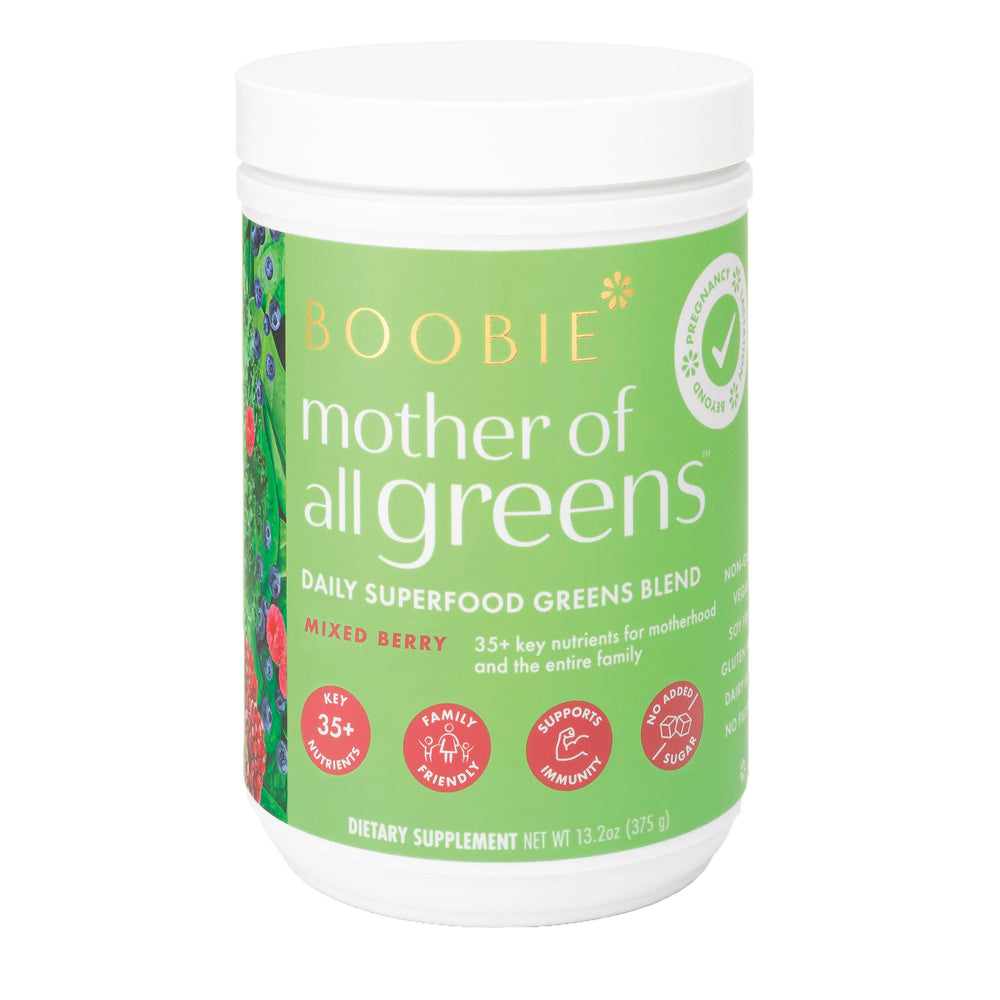 Boobie Mother of All Greens bottle pour showing easy daily greens for busy families