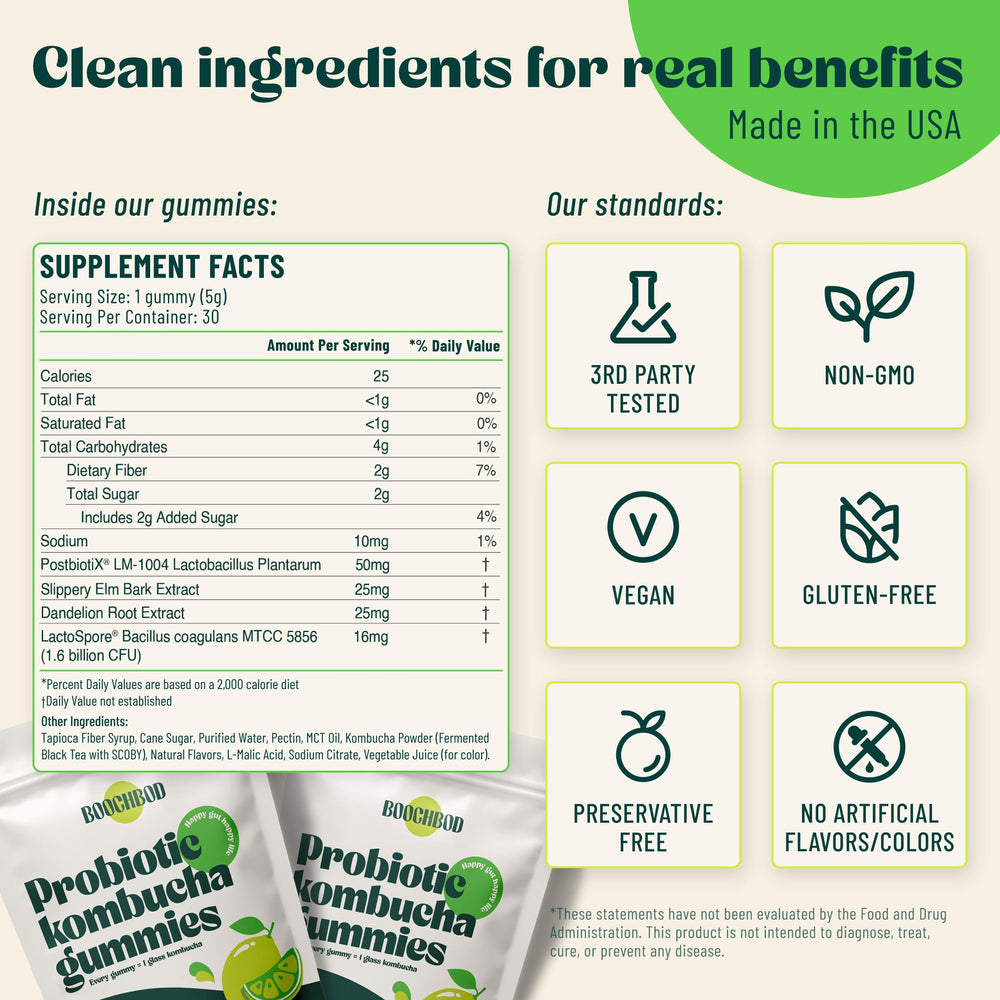 BoochBod bottle label highlights prebiotics, probiotics and fiber.