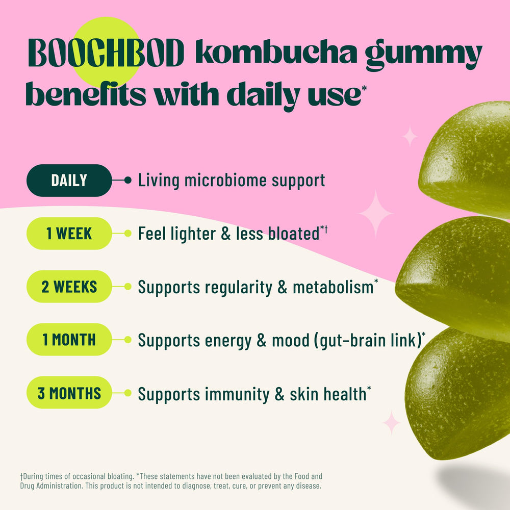 Close-up of BoochBod gummies texture, vegan and gluten-free.
