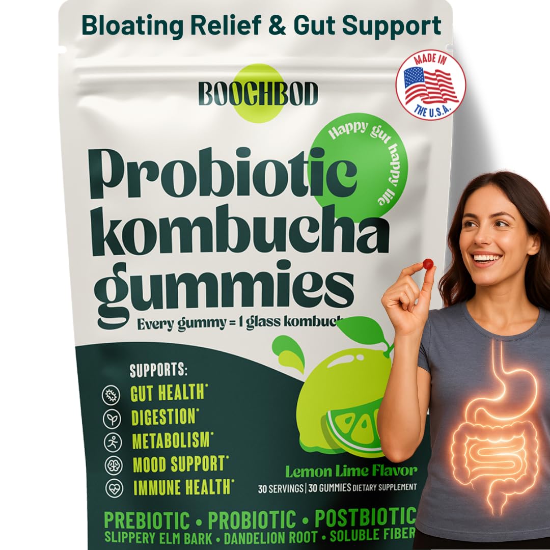 BoochBod probiotic kombucha gummies bottle showing convenient gut health support.