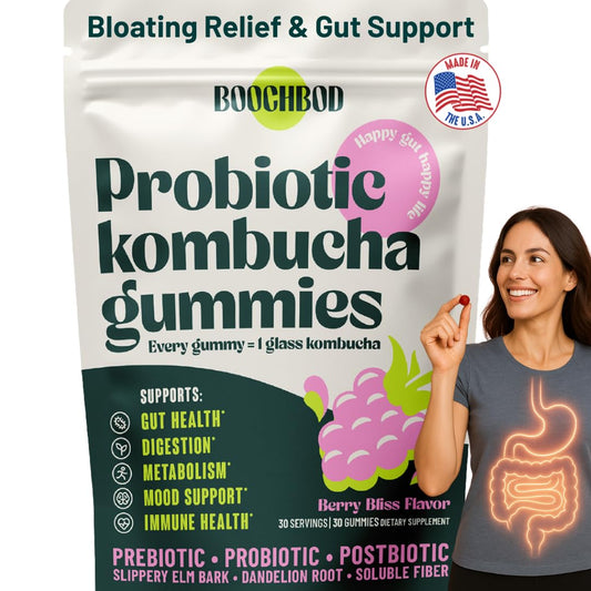 BoochBod probiotic kombucha gummies bottle supports on the go gut health.
