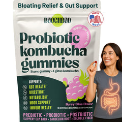 BoochBod probiotic kombucha gummies bottle supports on the go gut health.