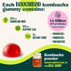 BoochBod packaging notes vegan non GMO gluten free attributes.
