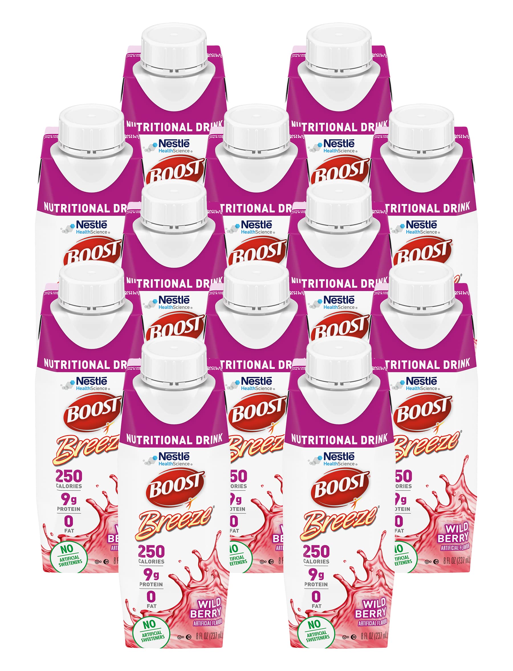 BOOST Breeze Wildberry bottle showing nutrition highlights for on-the-go energy