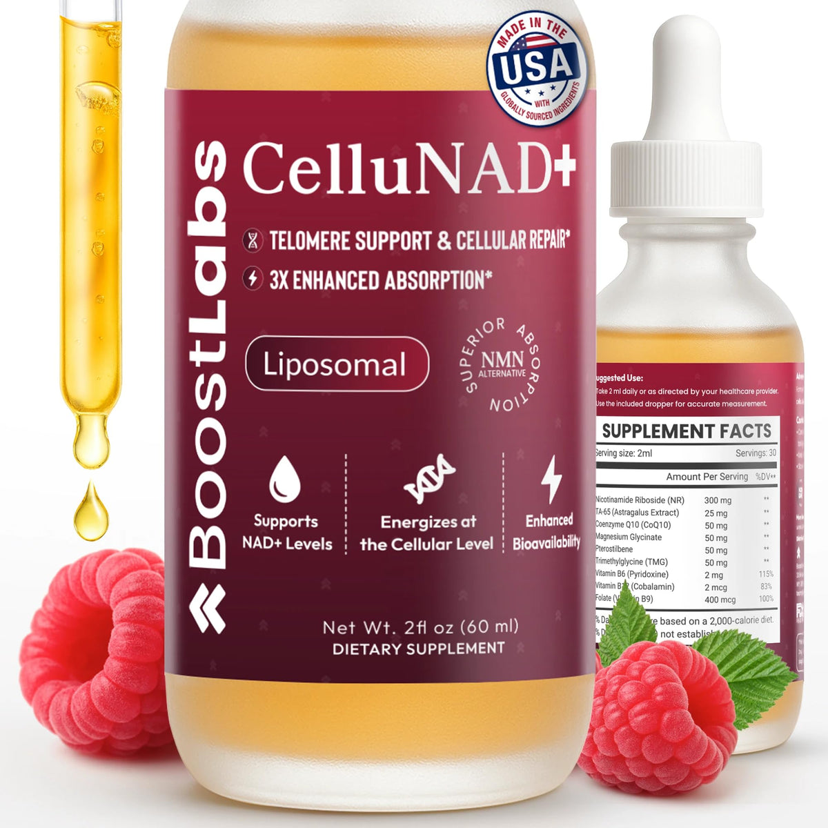 Boost Labs liposomal NAD+ bottle shown for rapid absorption and daily energy