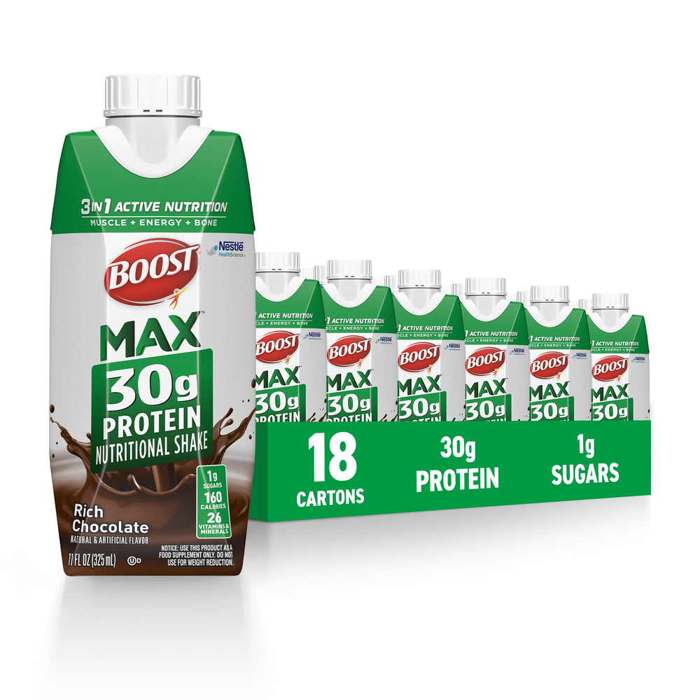 BOOST Max chocolate bottle front showing 30g protein for post-workout fueling.
