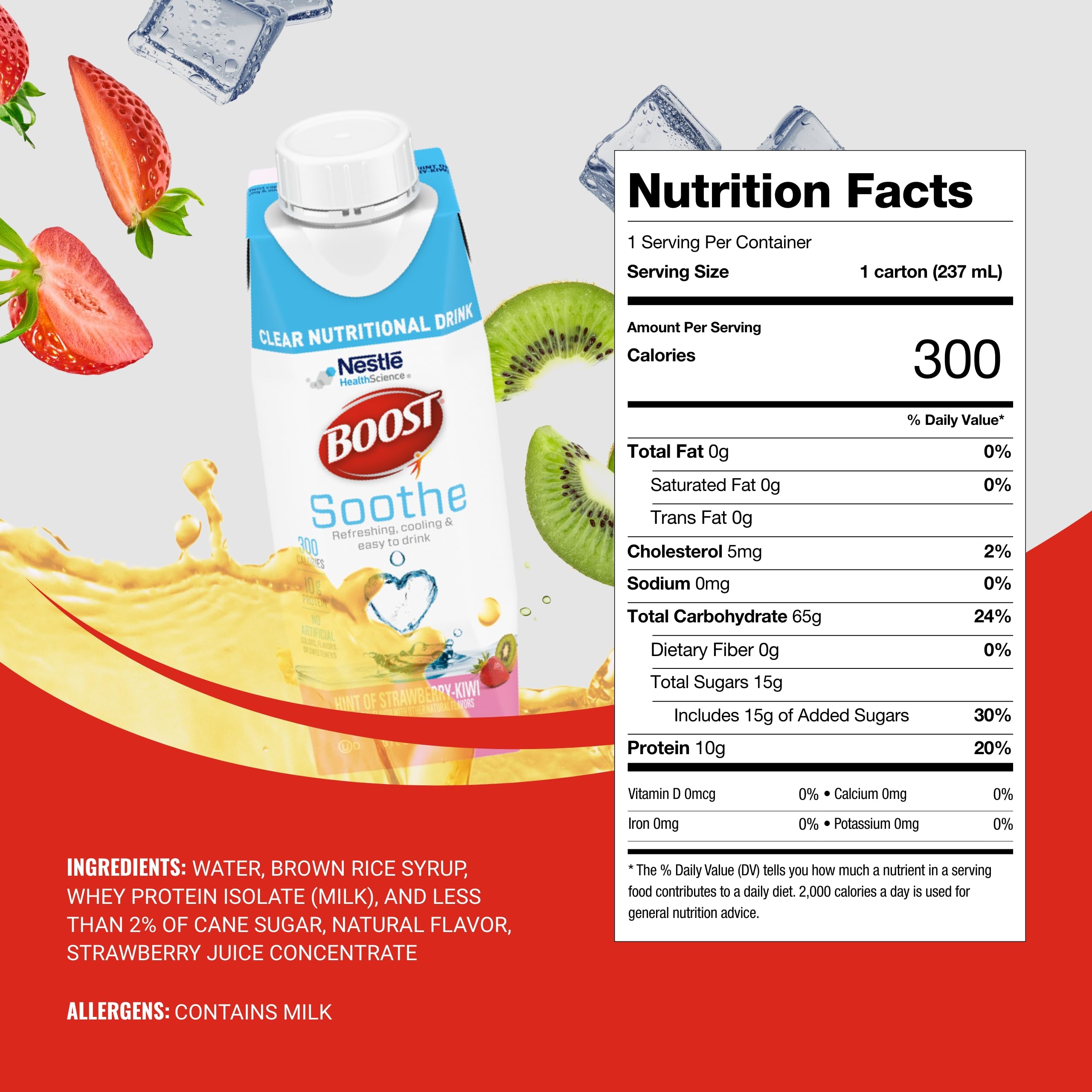 BOOST Soothe shows 300 calories and 10 g protein per serving
