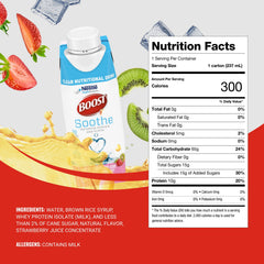 BOOST Soothe shows 300 calories and 10 g protein per serving