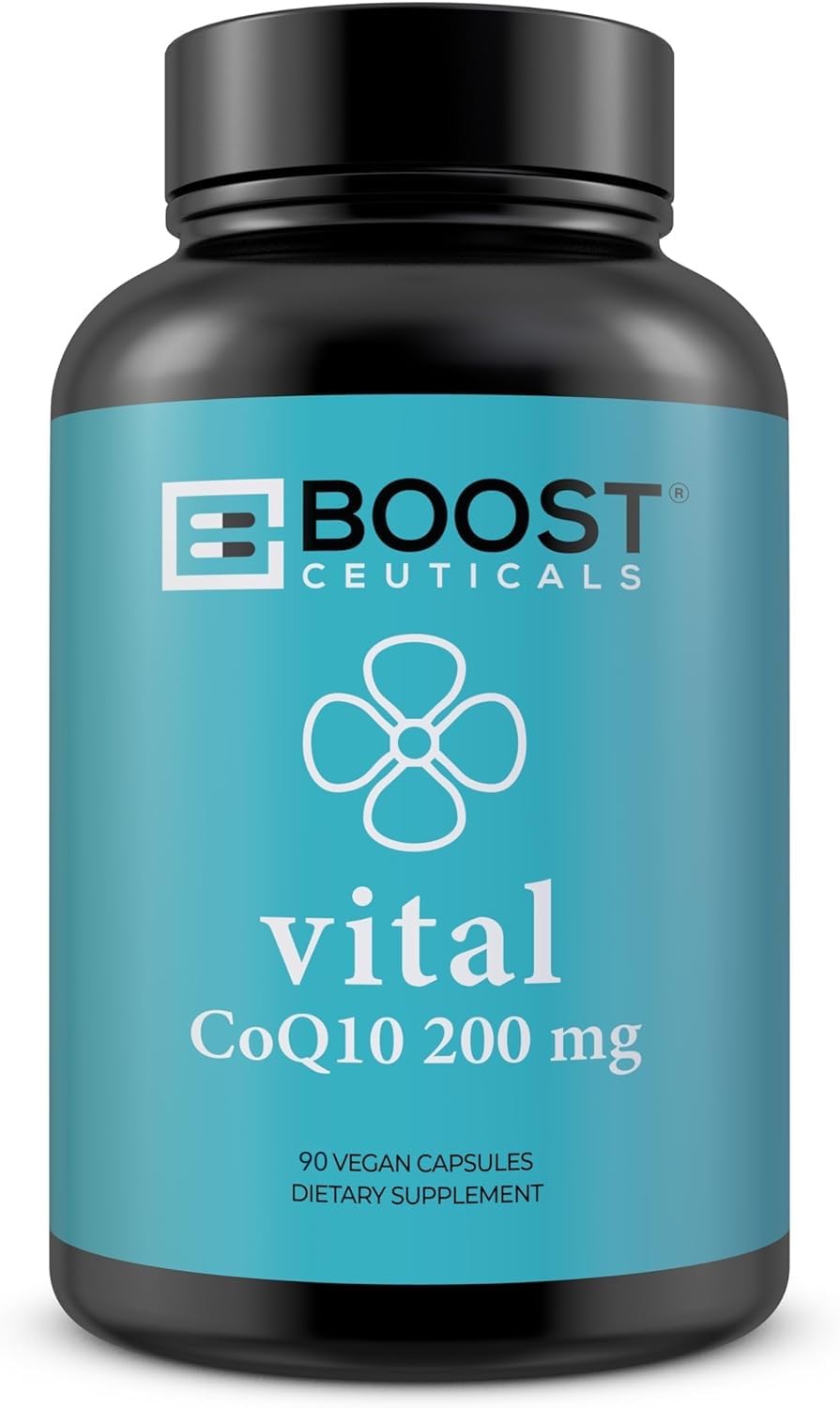 BoostCeuticals CoQ10 200mg bottle with easy-to-take heart health capsules.