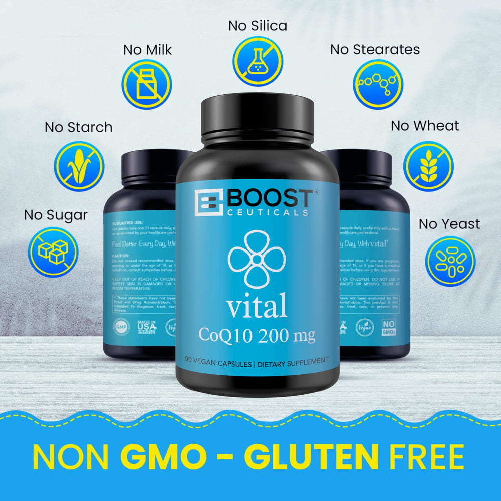 BoostCeuticals CoQ10 capsules on table highlighting vegan formula.