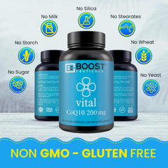 BoostCeuticals CoQ10 capsules on table highlighting vegan formula.