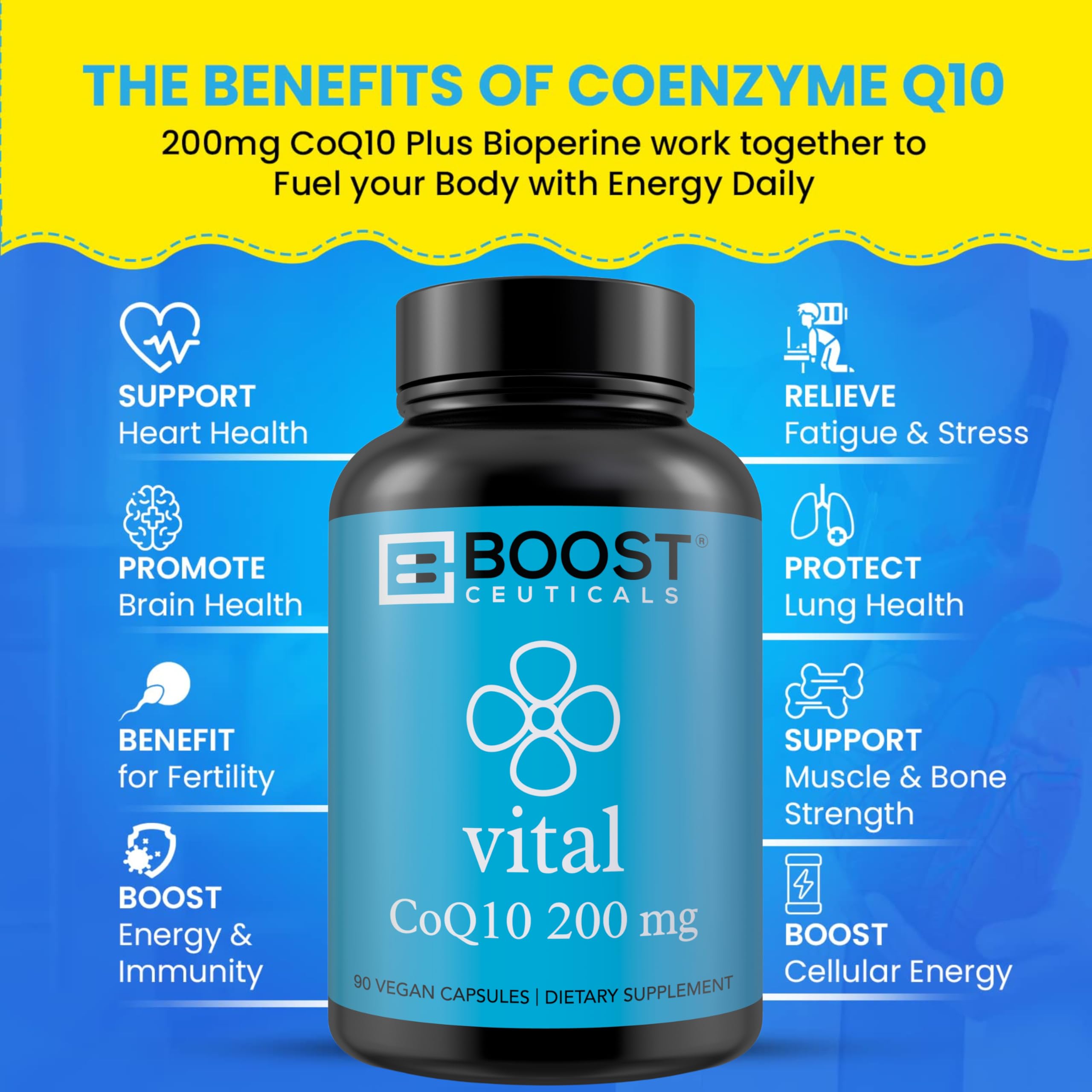 BoostCeuticals CoQ10 200mg pack front with dosage and branding.