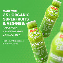 BoostMe Golden Elixir bottle label emphasizes clean, plant-based ingredients.