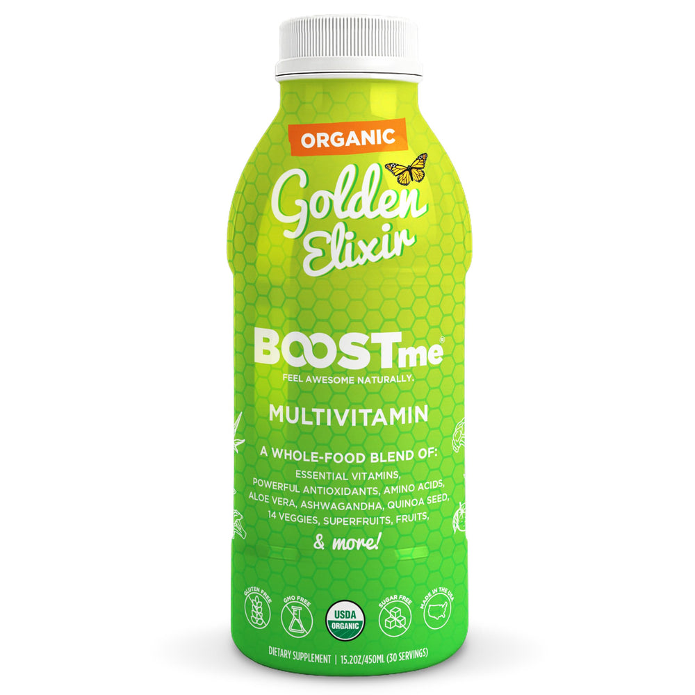 BoostMe Golden Elixir bottle pours a refreshing daily multivitamin ritual.