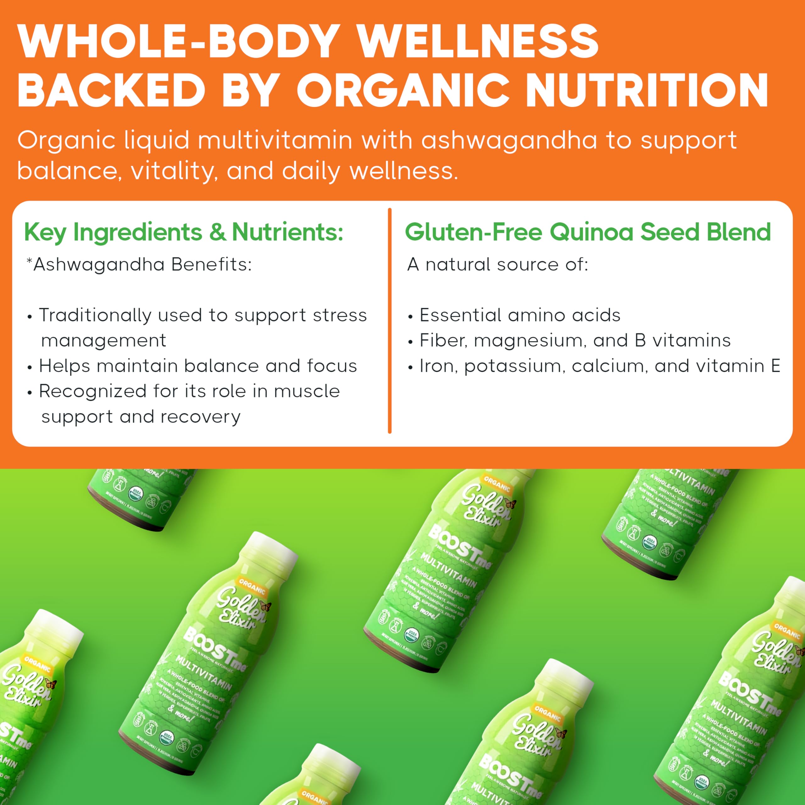 BoostMe Golden Elixir glass with juice shows convenient daily wellness.