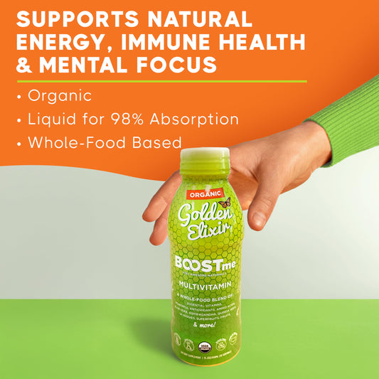 BoostMe Golden Elixir measuring spoon shows easy, accurate daily dosing.