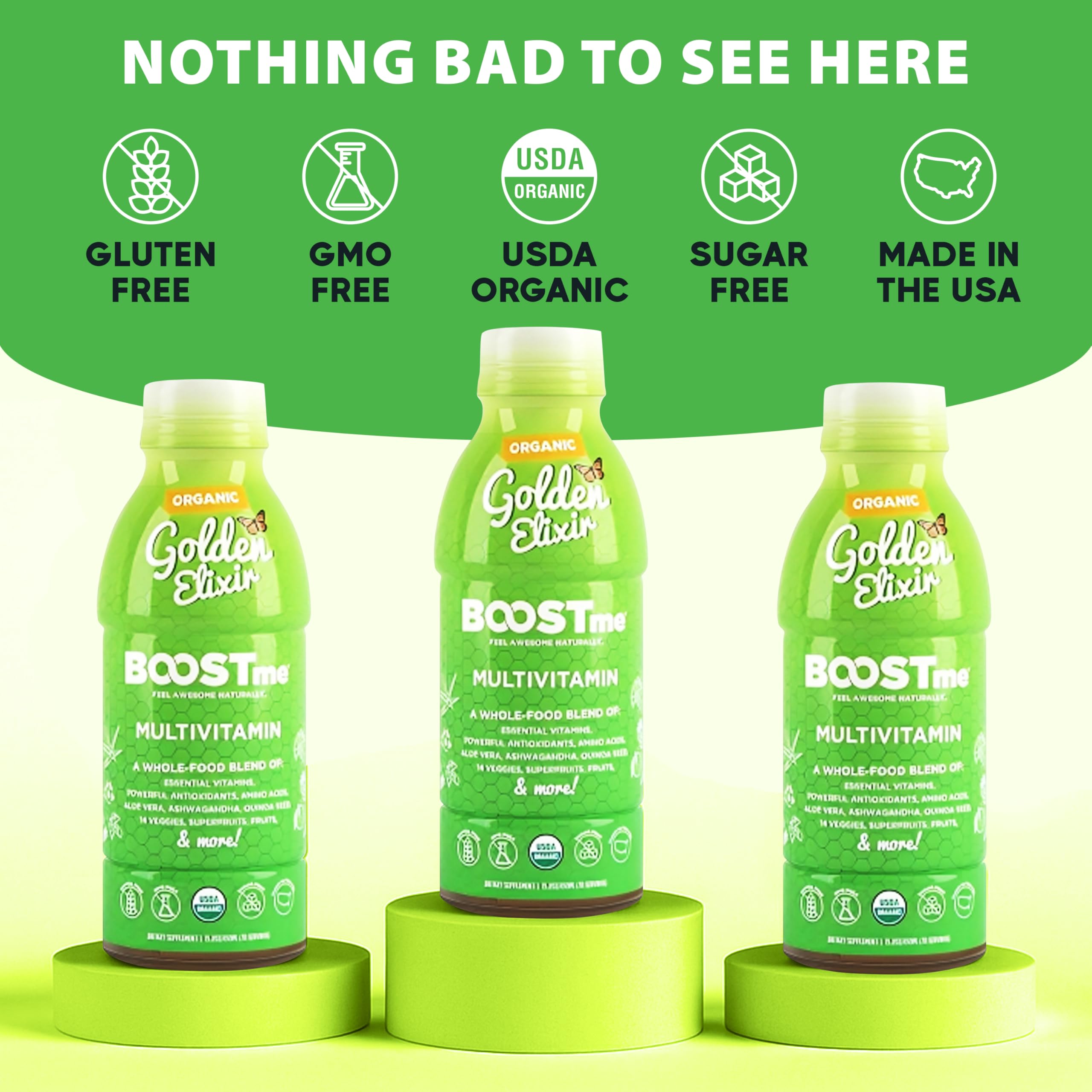 BoostMe Golden Elixir packaging box communicates vegan gluten-free formula.