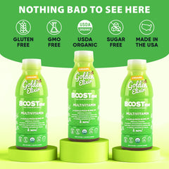 BoostMe Golden Elixir packaging box communicates vegan gluten-free formula.