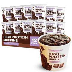 Bootylicious Double Chocolate muffin packshot showing rich flavor and convenient 12-pack.