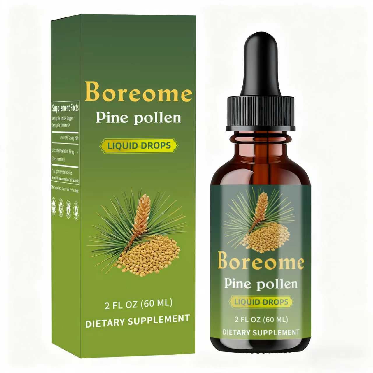 Boreome Pine Pollen Tincture bottle for daily energy support and overall vitality.