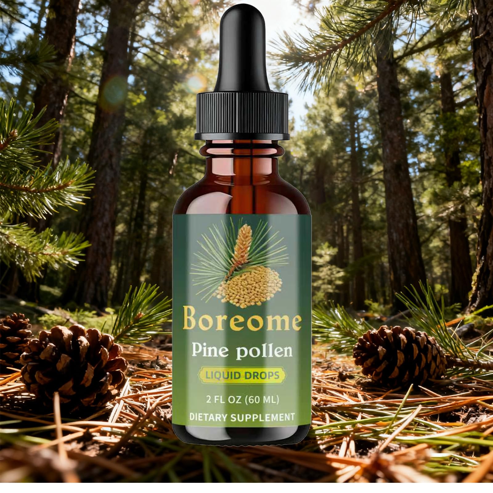 Close-up of Boreome Pine Pollen Tincture label highlighting vegan, alcohol-free formula.