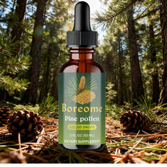 Close-up of Boreome Pine Pollen Tincture label highlighting vegan, alcohol-free formula.