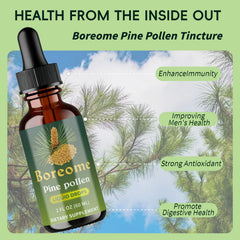 Boreome Pine Pollen Tincture being poured into a glass for a smooth, sugar-free experience.