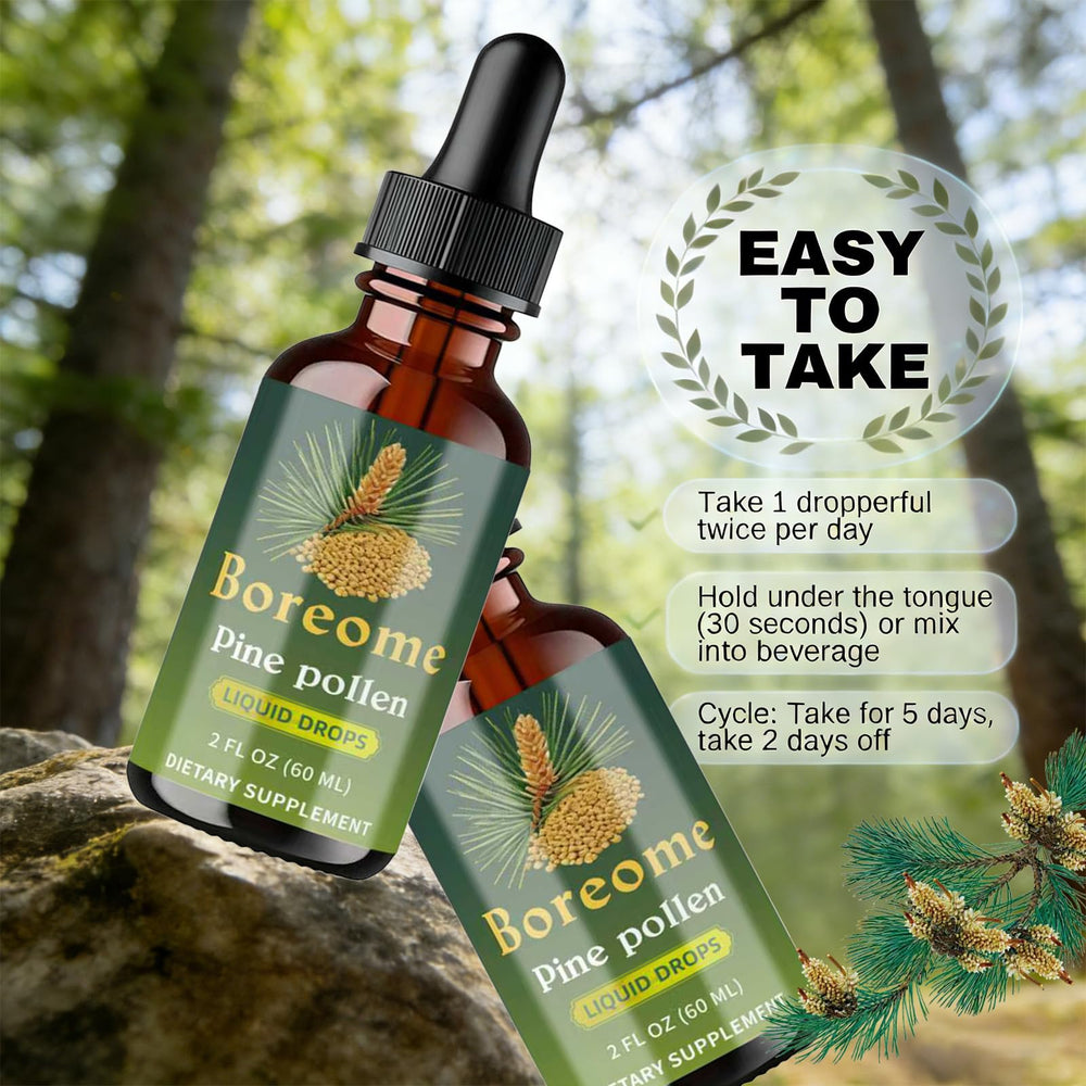 Boreome Pine Pollen Tincture with vegan glycerin base emphasizing gentle digestion.