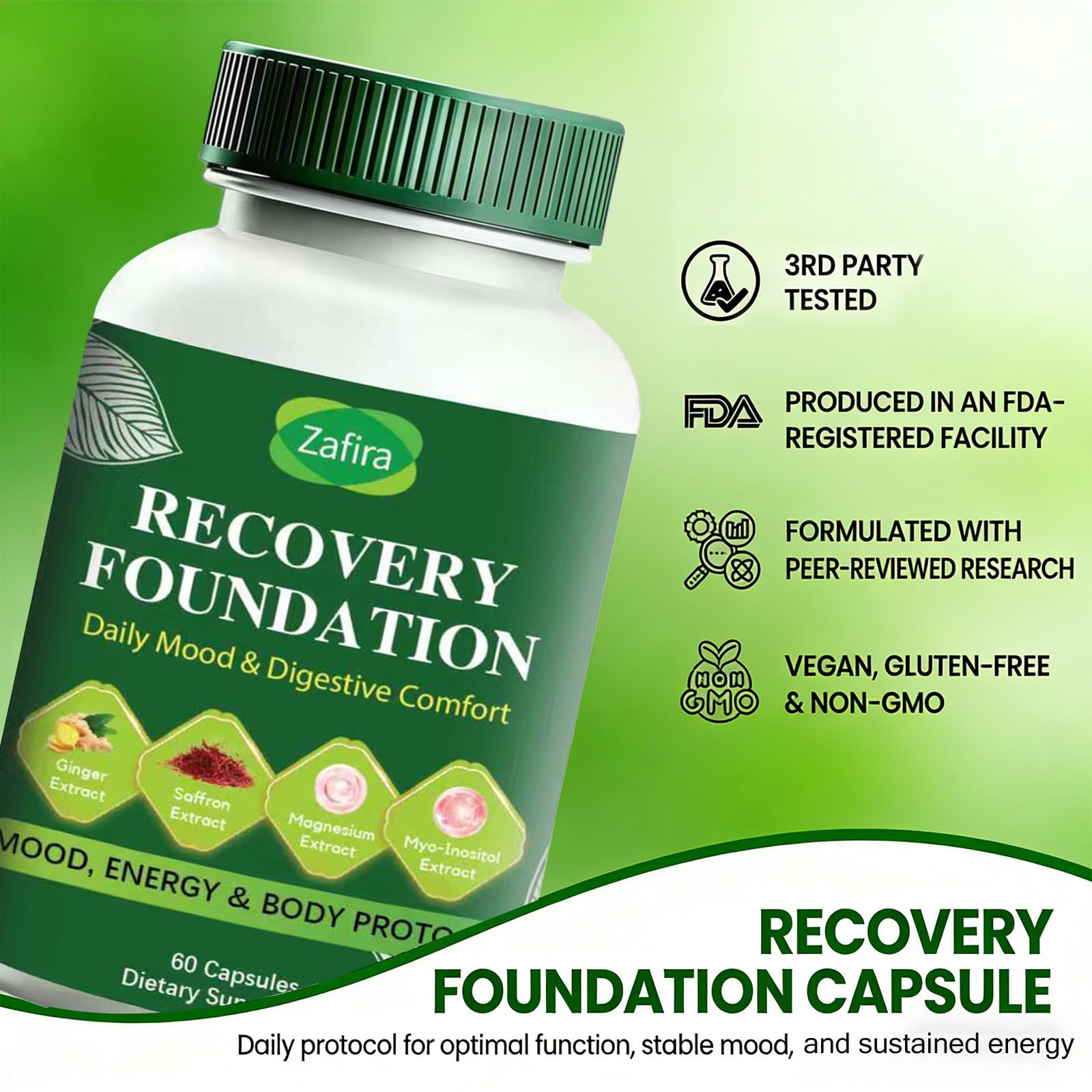 Boreome Zafira Recovery capsules on a light background imply stress resilience and nutrient replenishment.