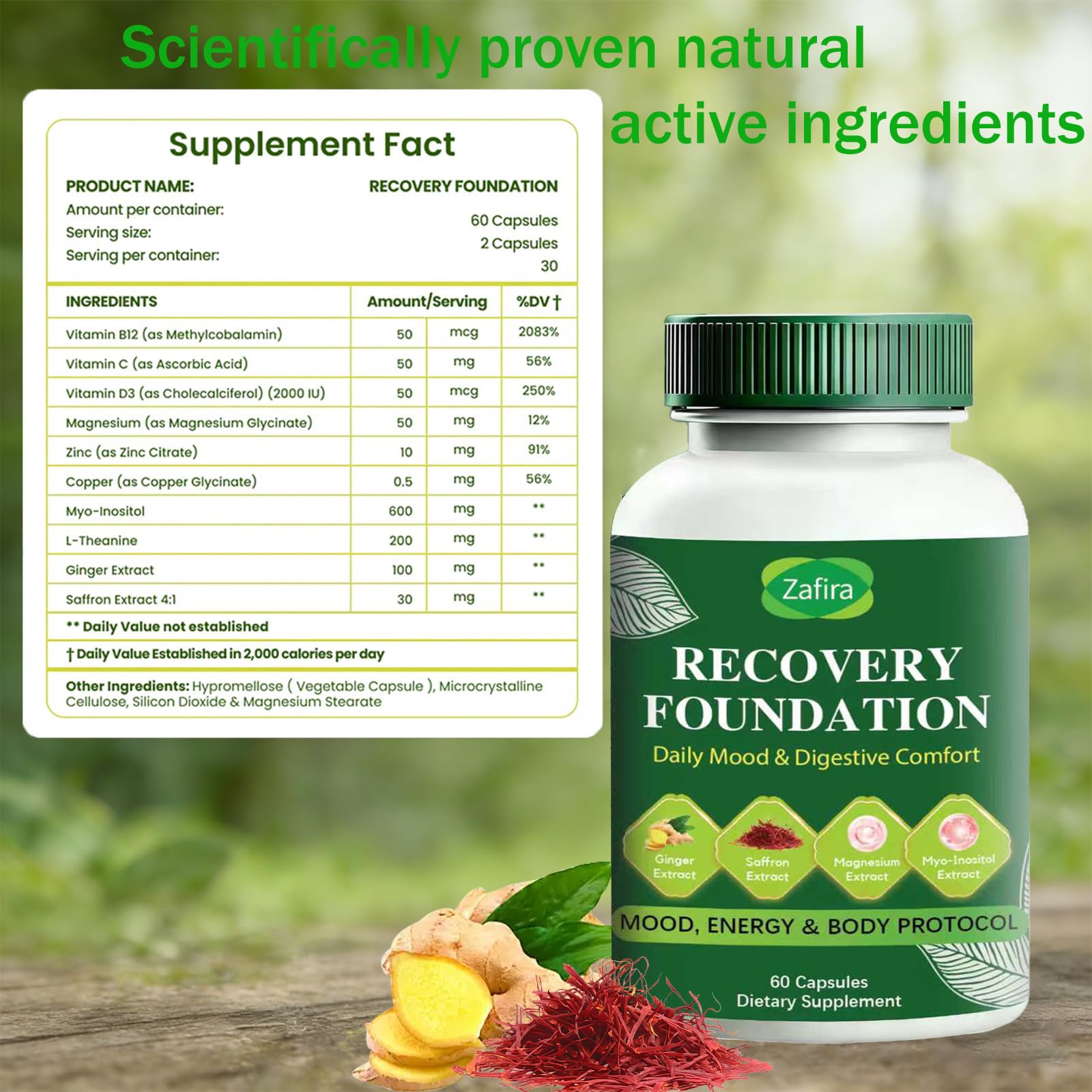 Boreome Zafira Recovery label closeup highlighting saffron and minerals for mood balance.